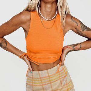 Women’s Orange Ribbed Drawstring Crop Tank Top